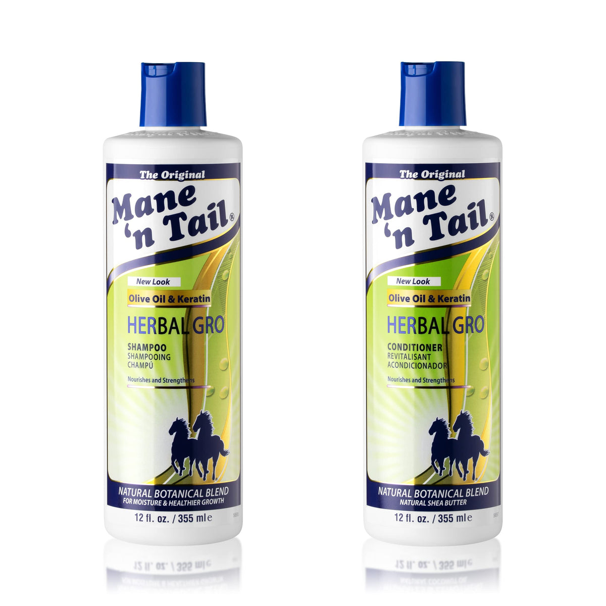 Mane 'n Tail Herbal Gro Shampoo bottle highlights olive oil complex for nourished, smoother hair.