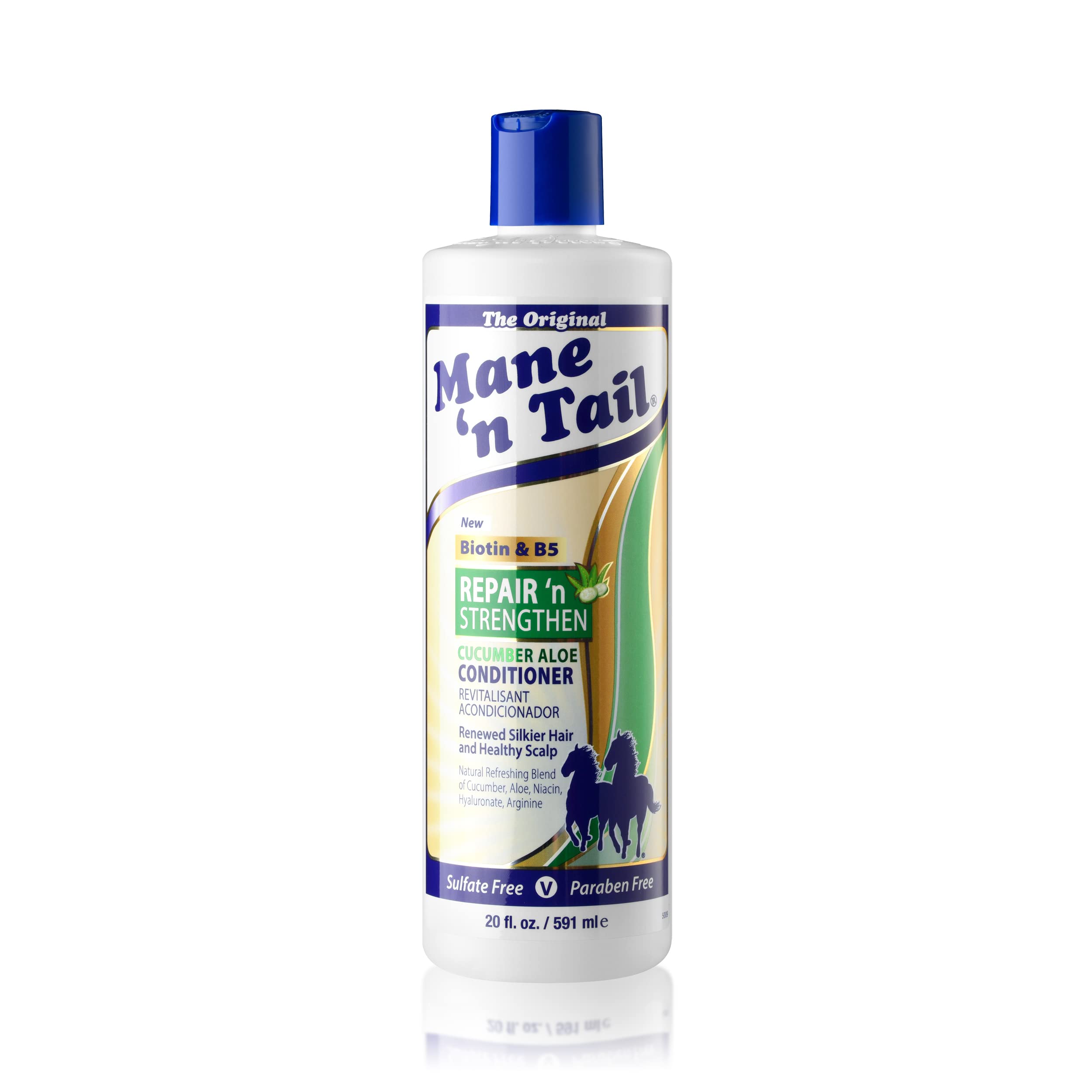 Mane 'n Tail hyaluronate-biotin-panthenol formula close-up emphasizes hydration and strength.
