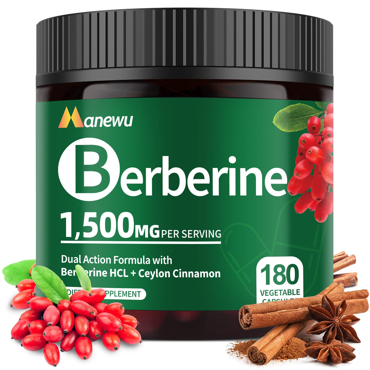 Manewu Berberine bottle close-up showing high-potency 1500 mg formula.