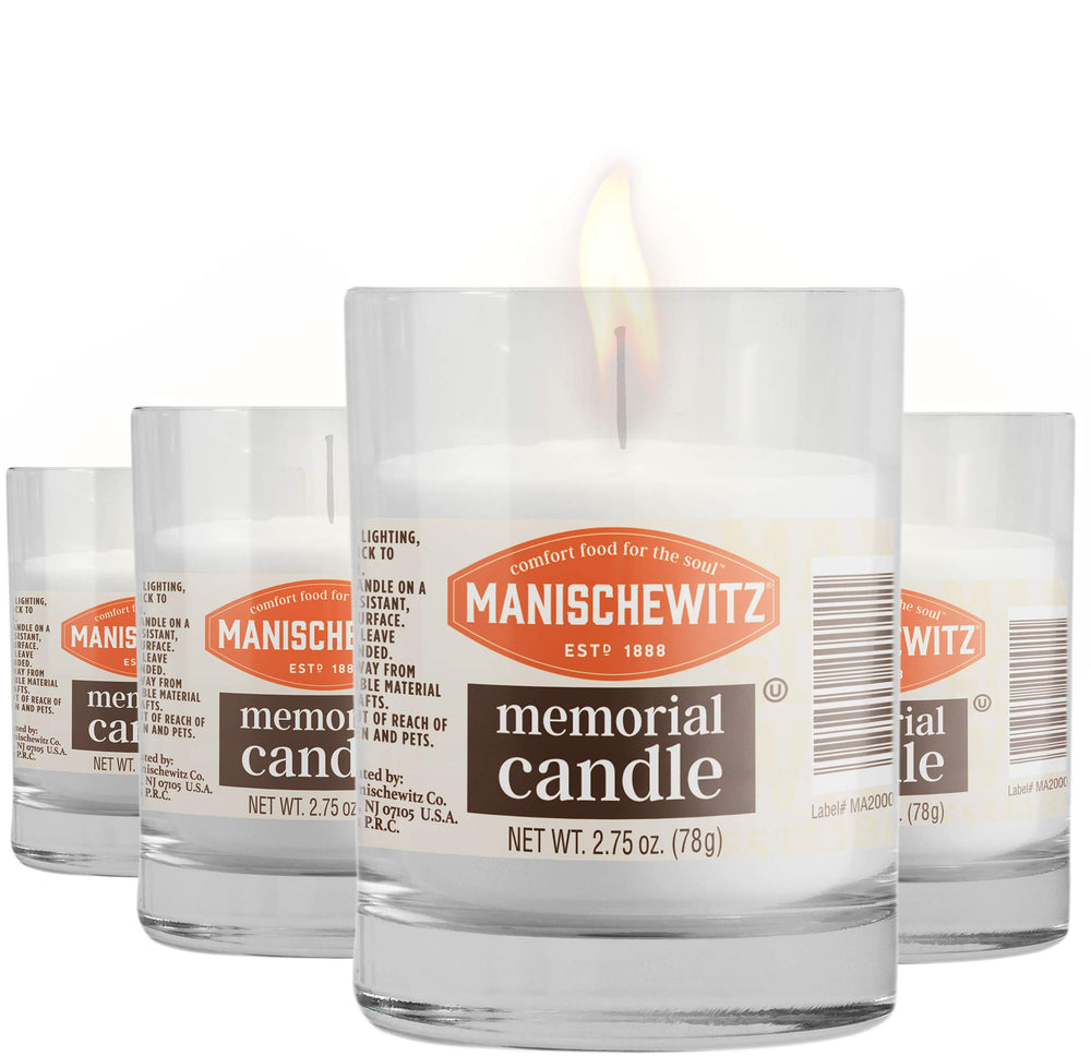 Manischewitz 24 Hour Candle in a tempered glass tumbler for safe, long-lasting memorial vigil use.
