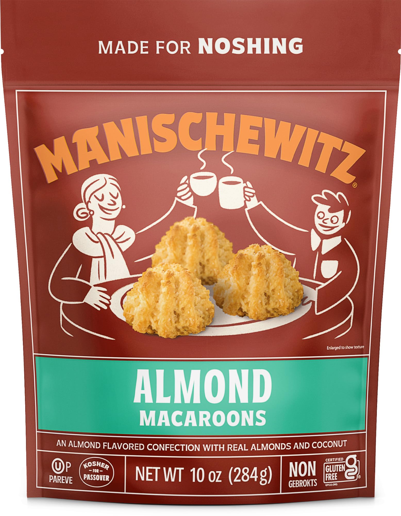 Manischewitz Almond Macaroons canister: chewy coconut cookies ideal for on-the-go snacking.