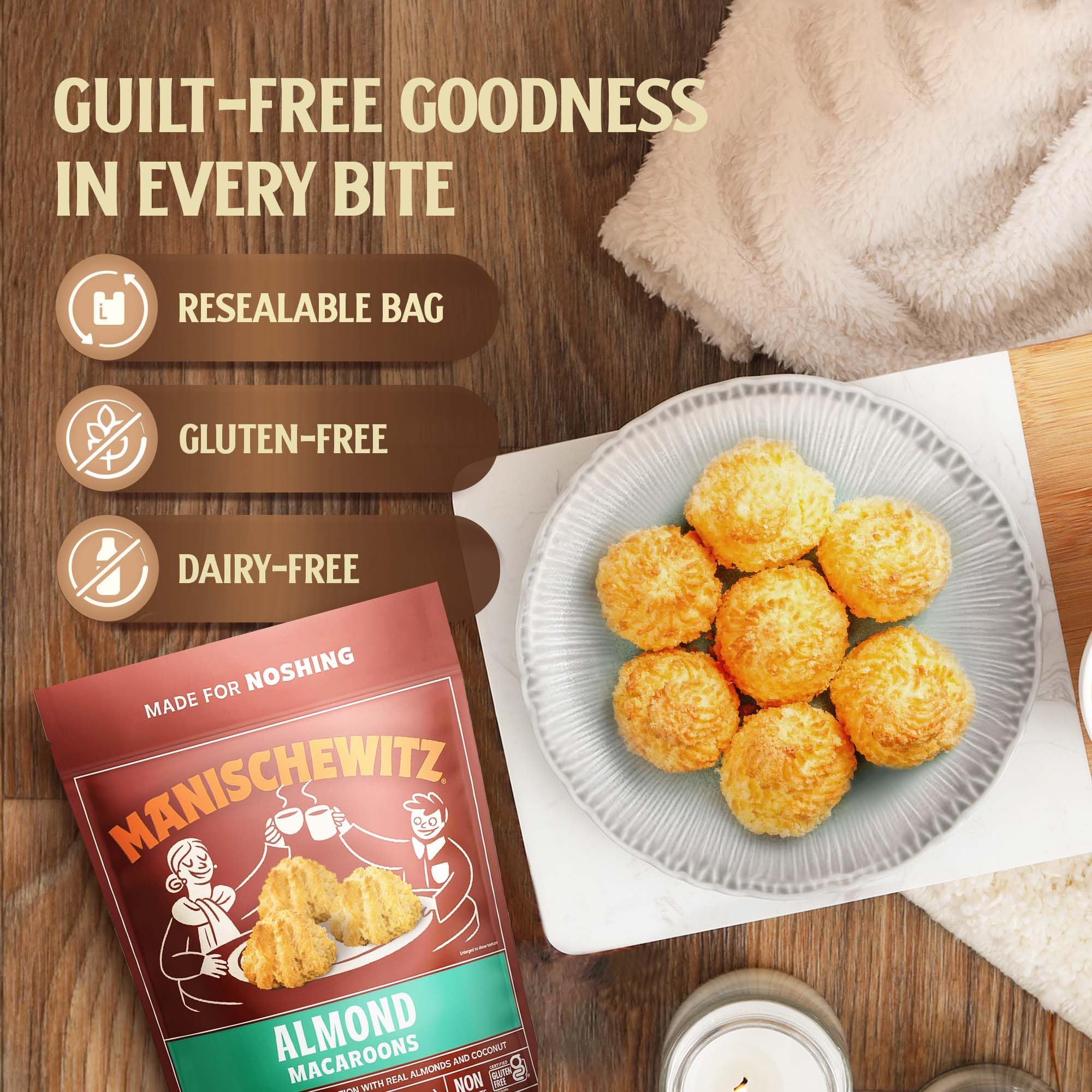 Manischewitz Almond Macaroons resealable bag keeps freshness and flavor.