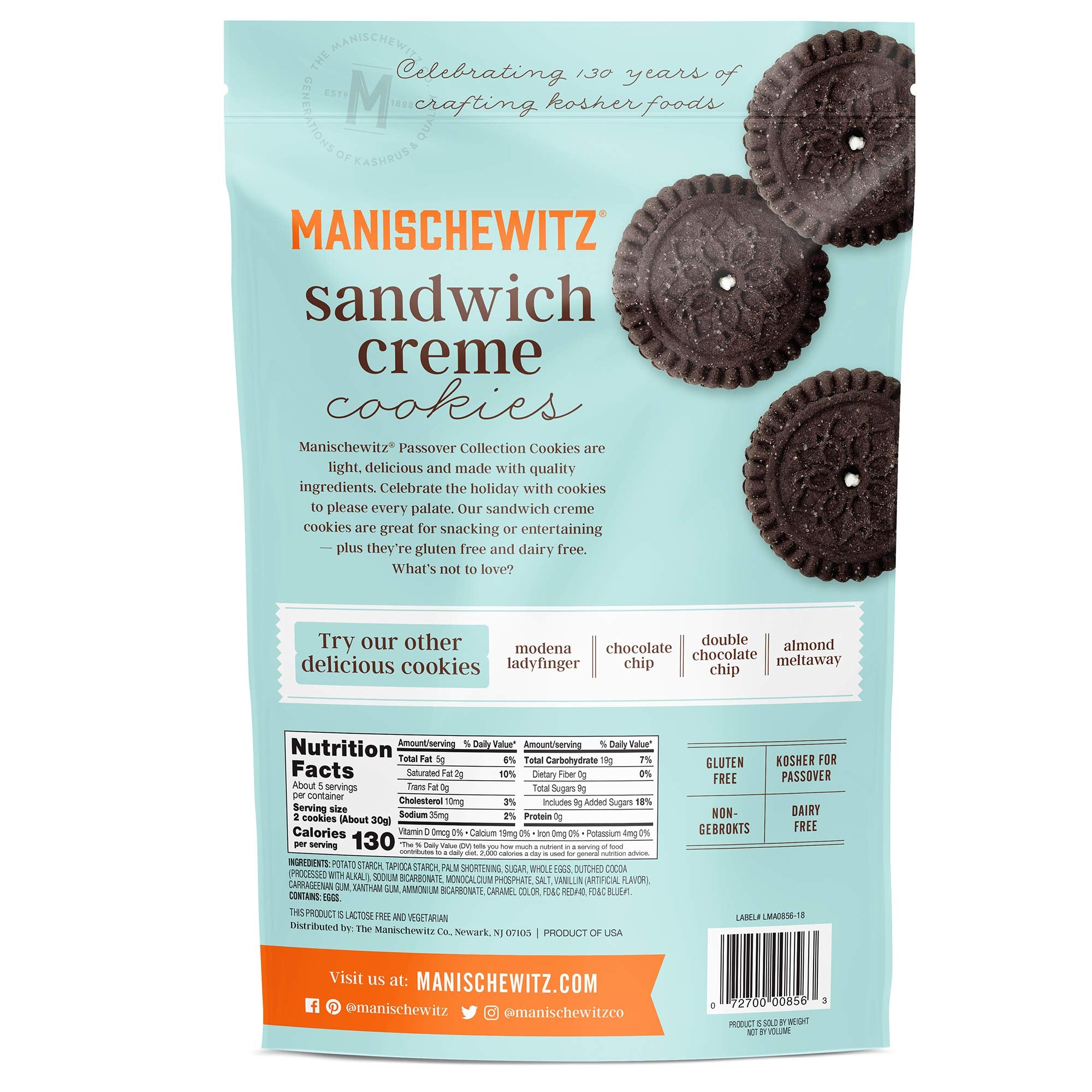 Manischewitz gluten-free sandwich cookies packaging highlighting kosher for Passover.