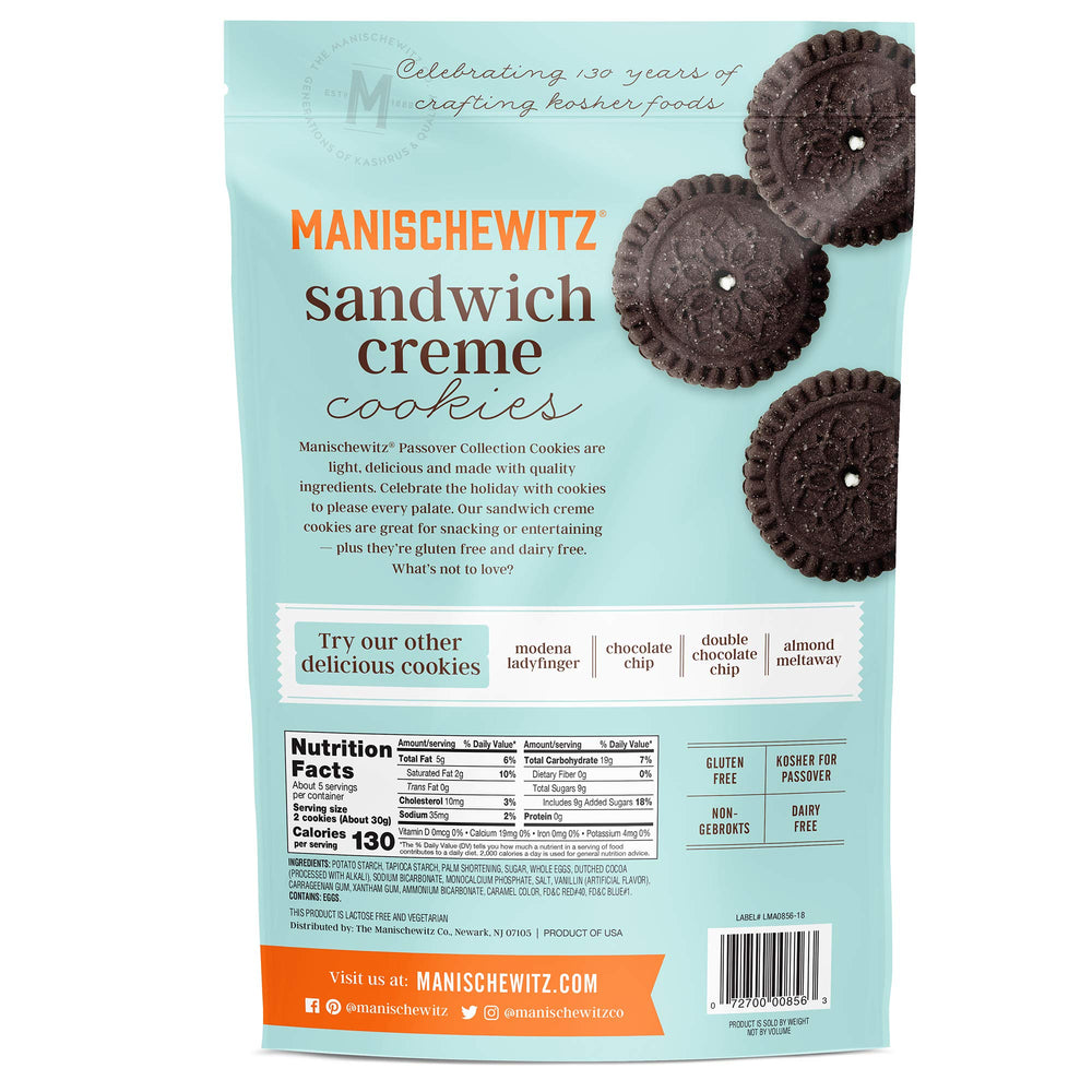 Manischewitz gluten-free sandwich cookies packaging highlighting kosher for Passover.