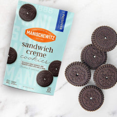 Manischewitz gluten-free sandwich cookies close-up shows crisp texture and creamy filling.