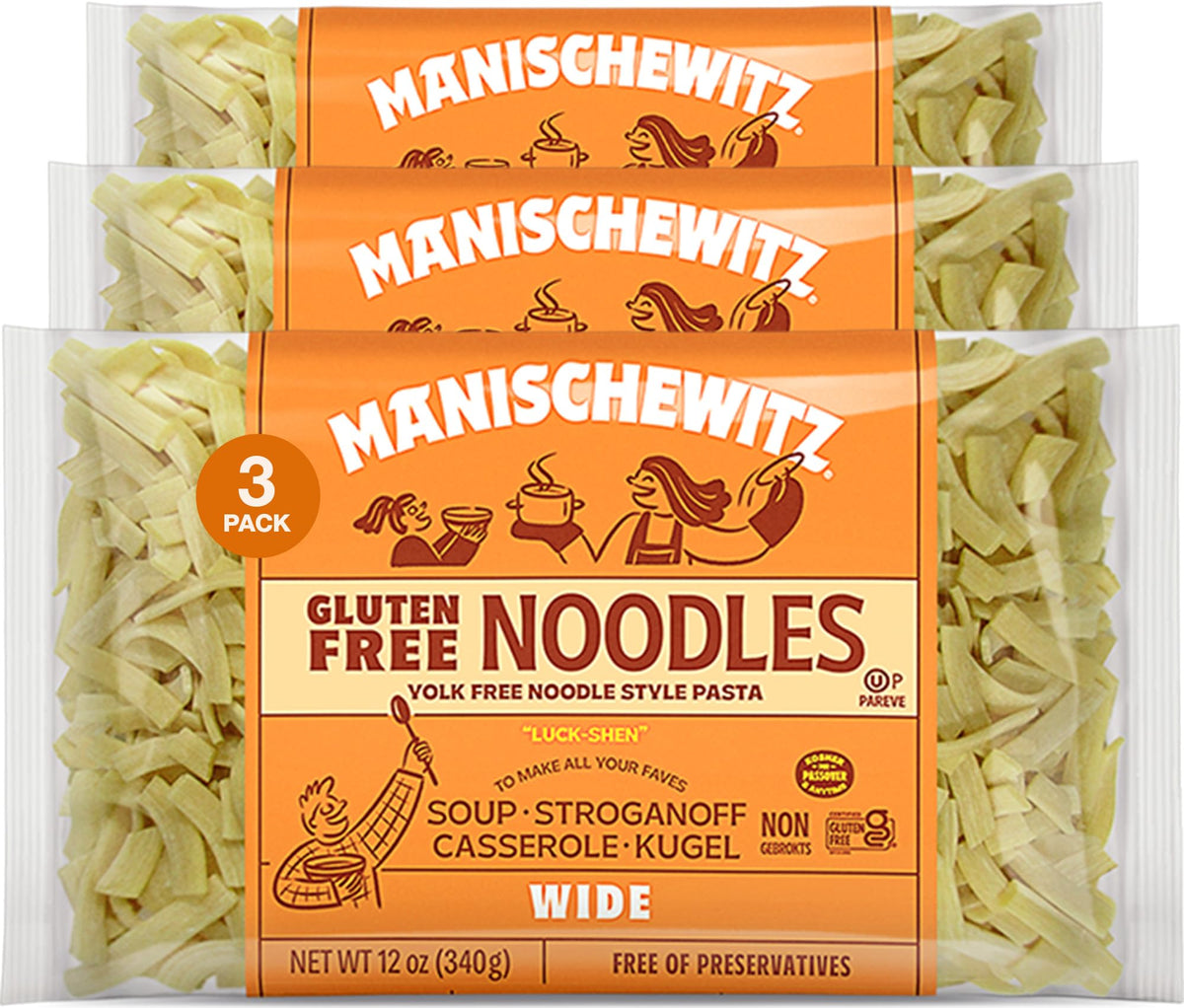 Manischewitz gluten-free wide egg noodles 3-pack box, ideal for quick gluten-free meals.