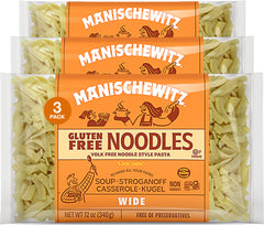 Manischewitz gluten-free wide egg noodles 3-pack box, ideal for quick gluten-free meals.