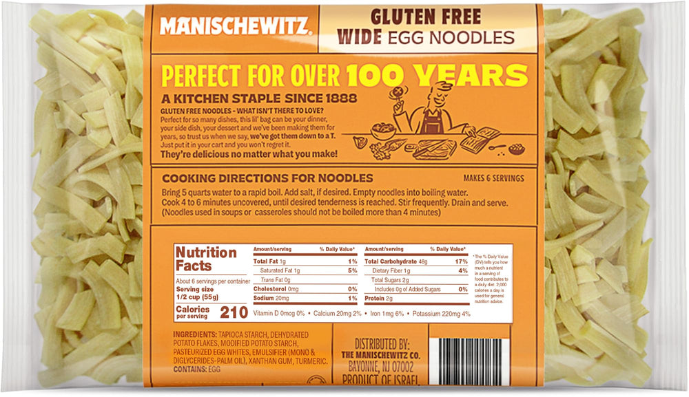 Manischewitz gluten-free wide egg noodles served dish showcasing versatile Passover and year-round use.