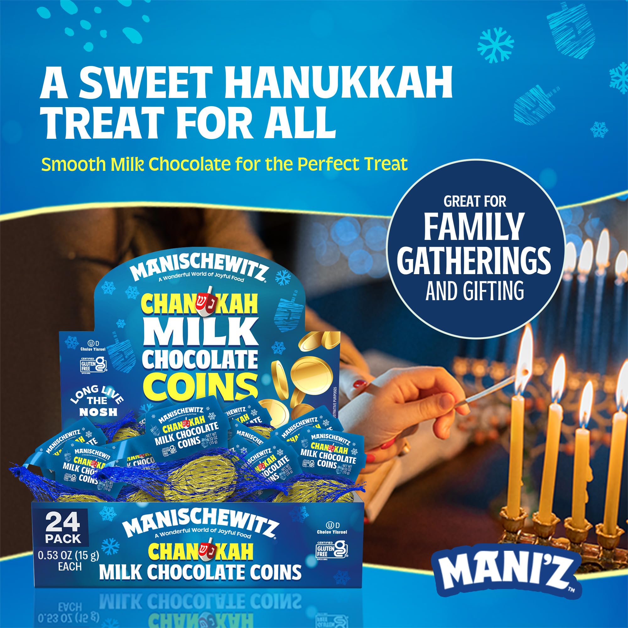 Manischewitz Gold Milk Chocolate Coins in assorted sizes for sharing