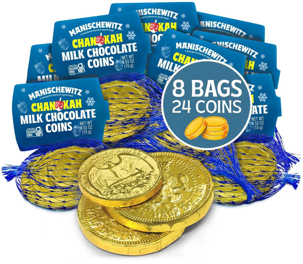 Manischewitz Gold Milk Chocolate Coins gift-ready for Hanukkah celebrations