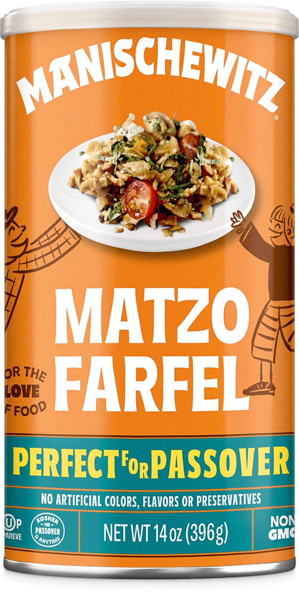 Manischewitz Matzo Farfel canister close-up communicates simple ingredients for Passover-friendly meals.