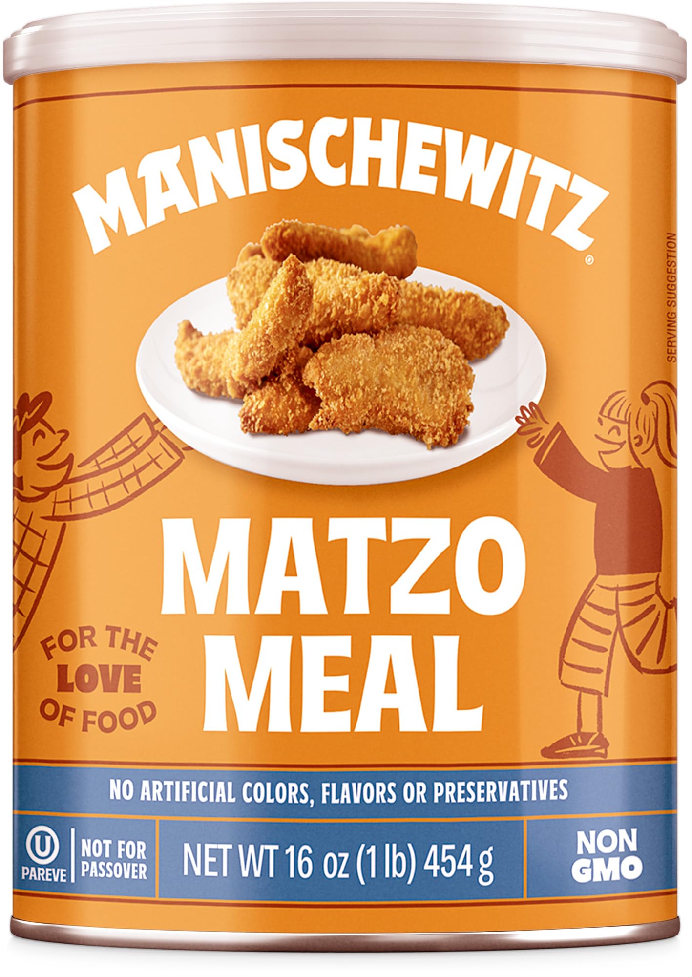 Manischewitz Matzo Meal canister, 16 oz, ideal for breading and matzo ball mixes.