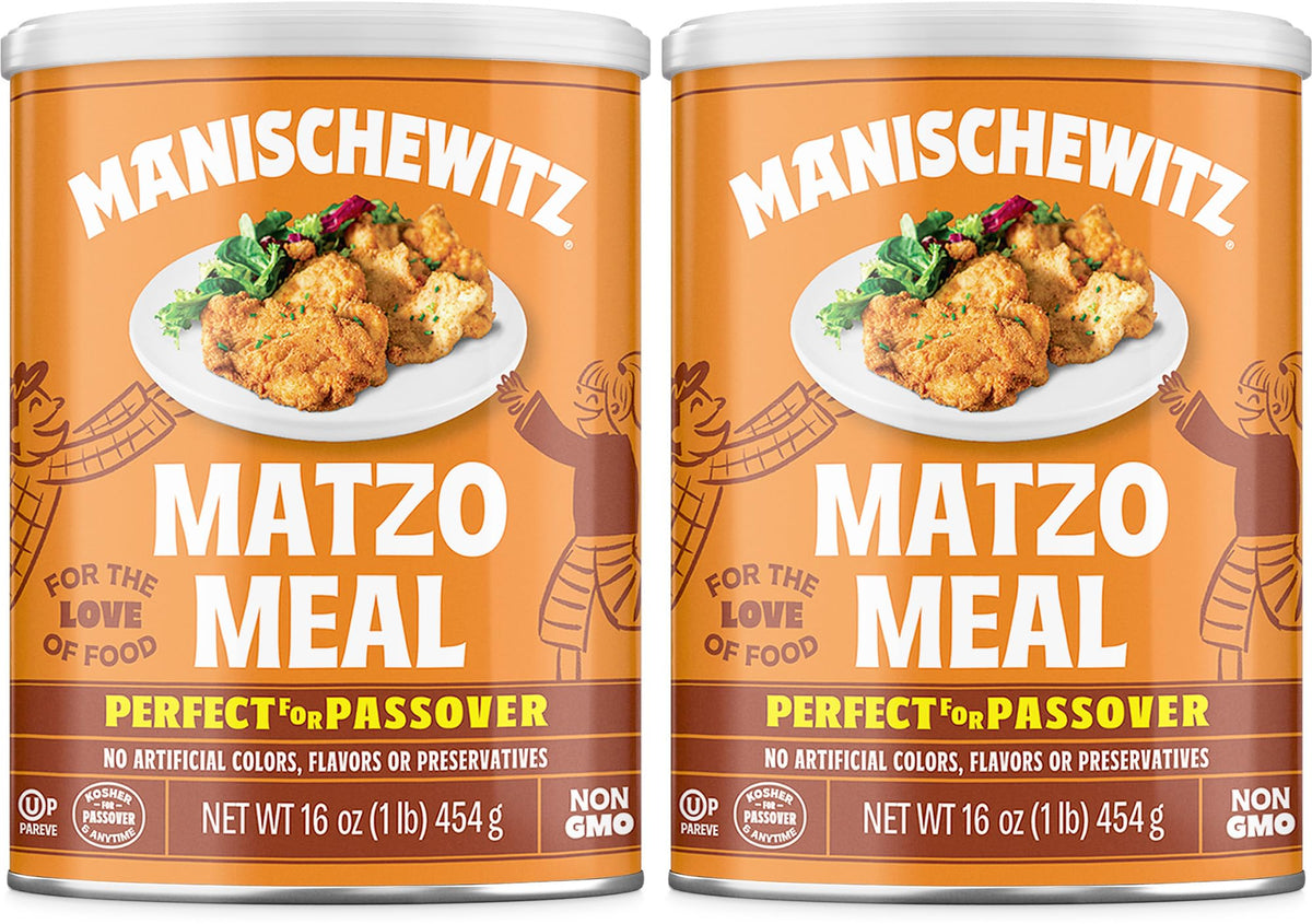 Manischewitz matzo meal canister ready for Passover cooking and everyday recipes.