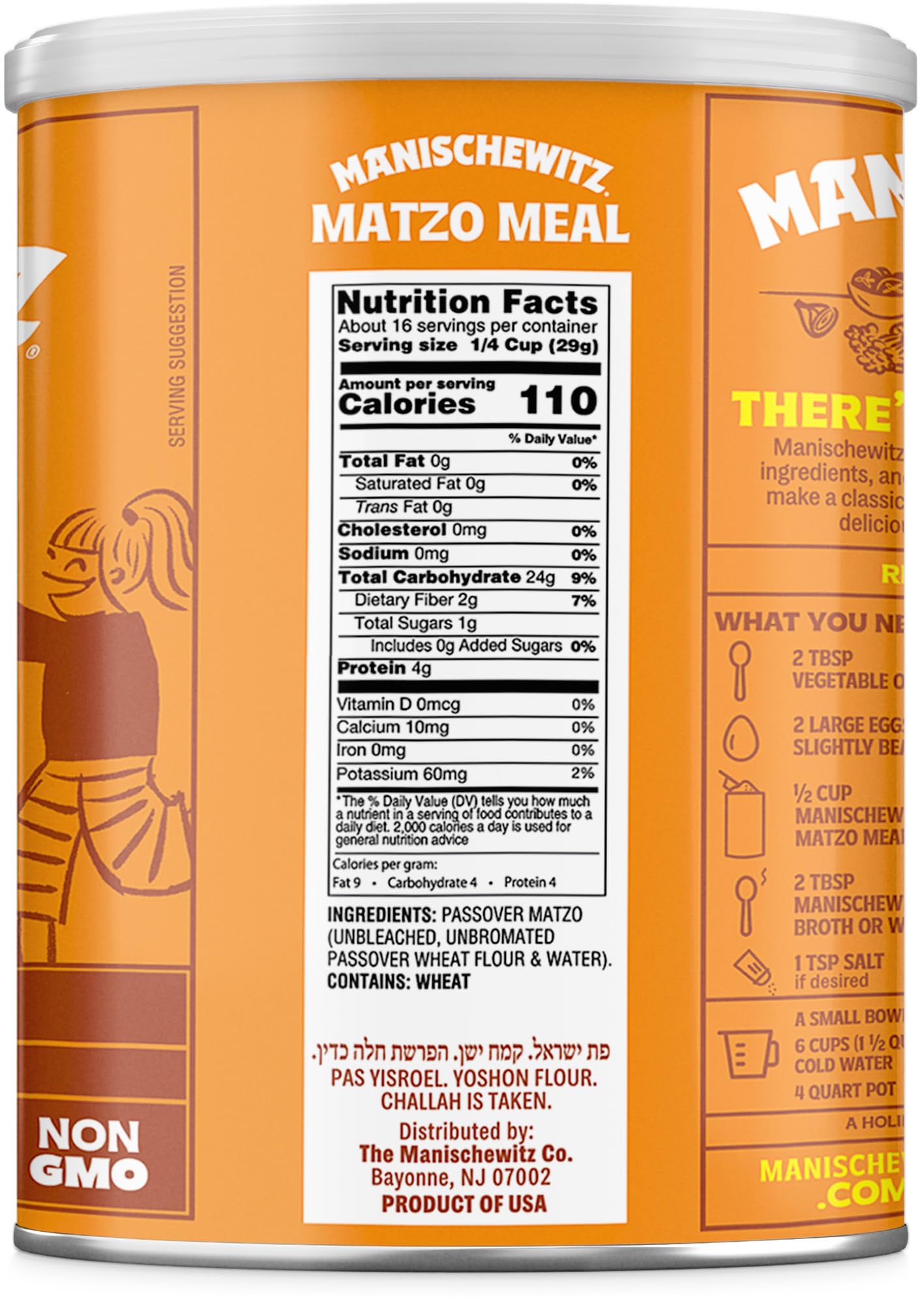 Pouring Manischewitz matzo meal to bind meatballs and thicken soups.