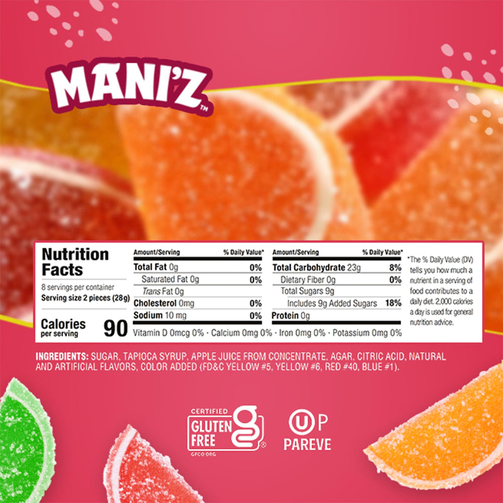 Manischewitz candied fruit slices with real fruit juice for snacking and sharing
