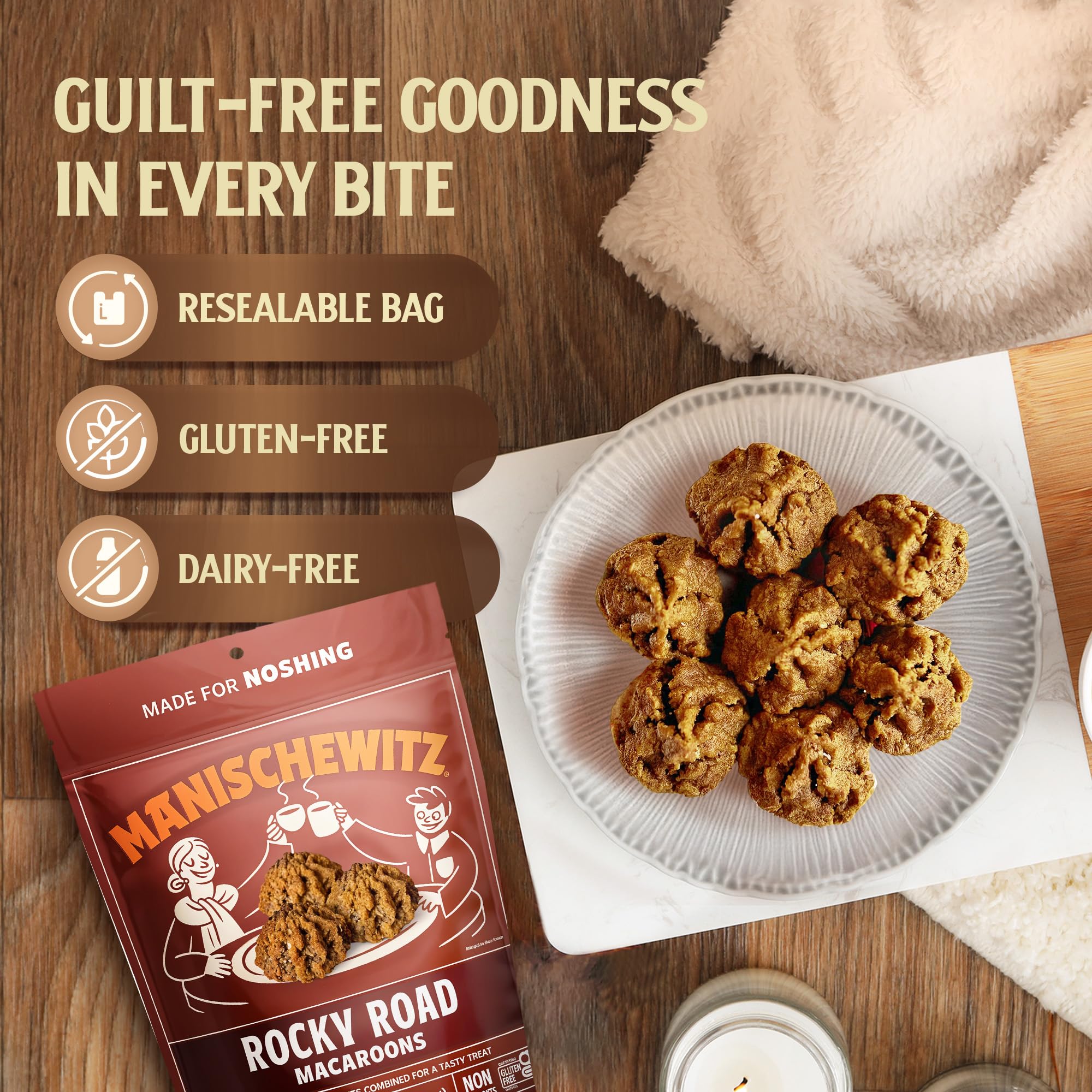 Ingredients label shows gluten-free, dairy-free composition for Manischewitz macaroons