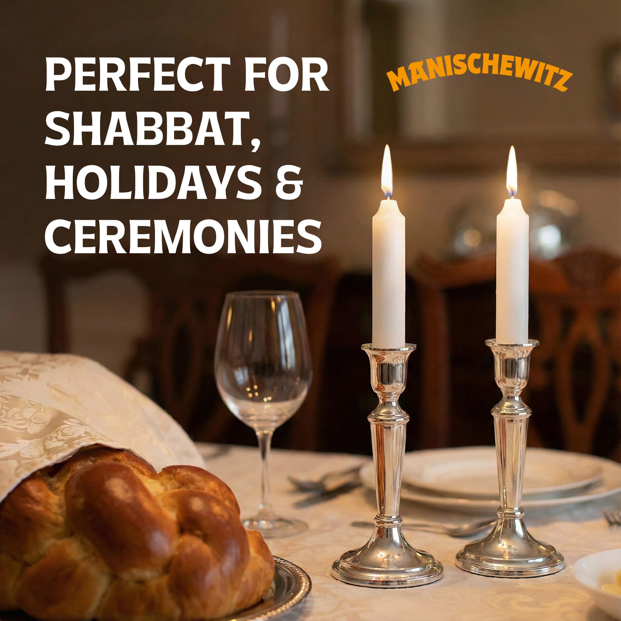 Manischewitz Shabbat candles featuring a long burn wick for steady illumination