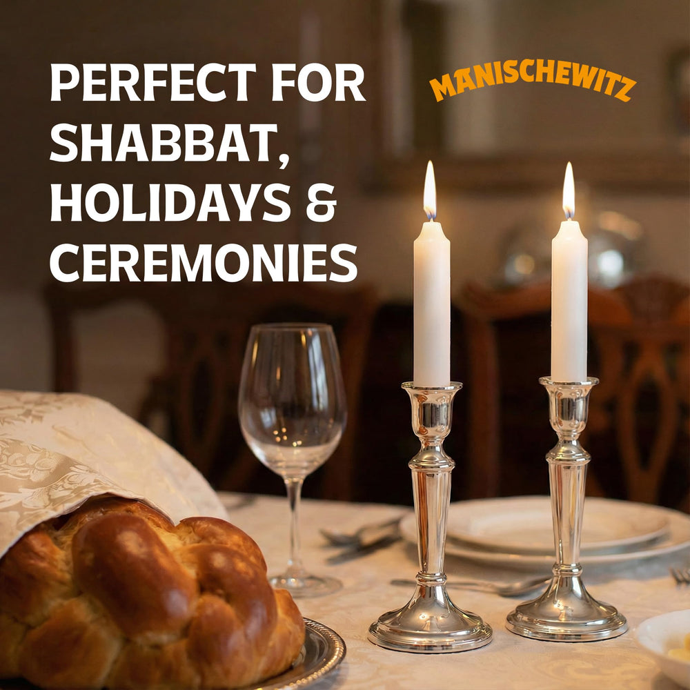 Manischewitz Shabbat candles featuring a long burn wick for steady illumination