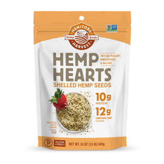 Manitoba Harvest Hemp Hearts bag closeup showing protein-rich seeds for snacks.
