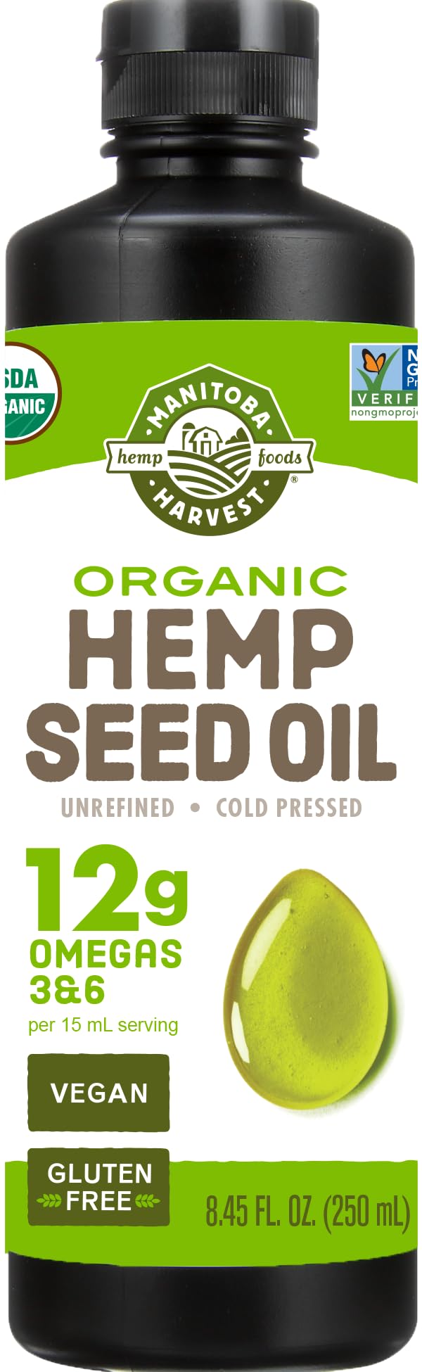 Manitoba Harvest hemp oil bottle front showing premium nutty flavor