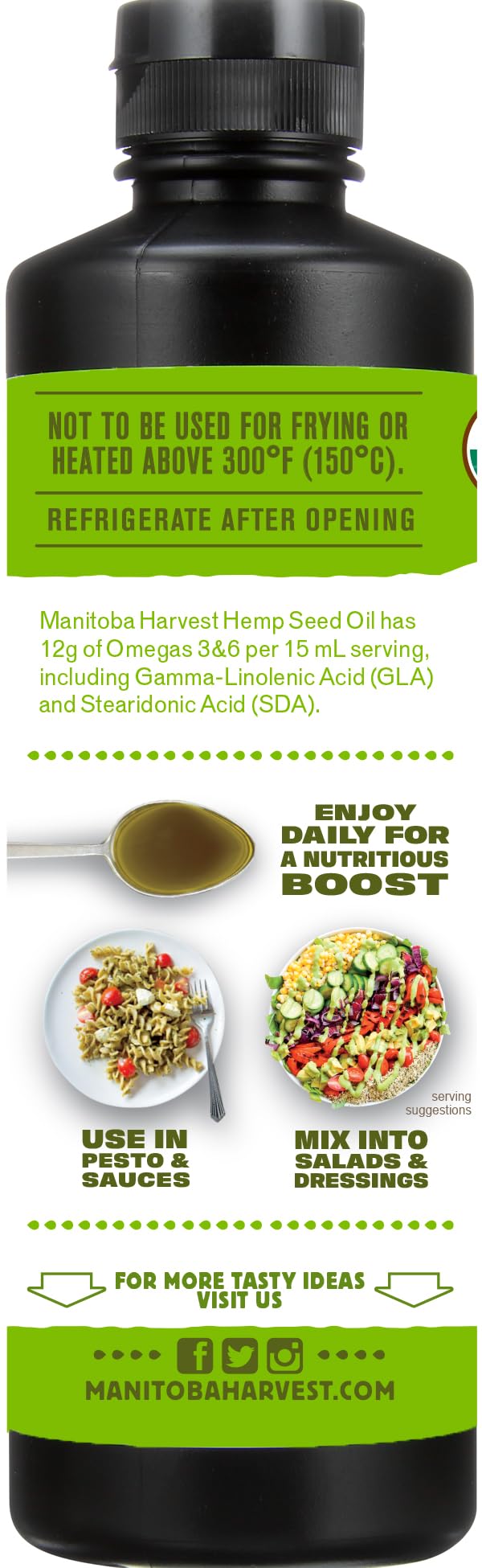 Manitoba Harvest hemp oil glass jar with eco-label signaling quality