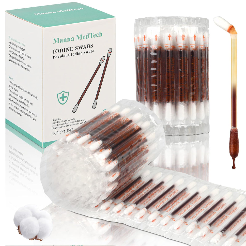 Manna MedTech iodine swabs with Snap & Flow for mess-free wound care on the go.
