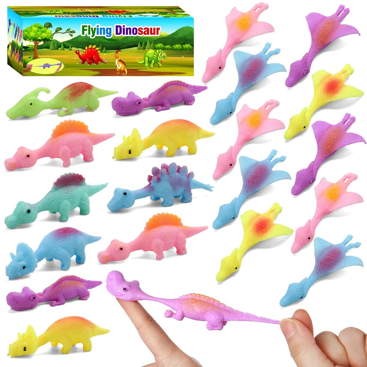 Mantyplay dinosaur slingshot finger toy in a gift box for Easter egg fillers and play.