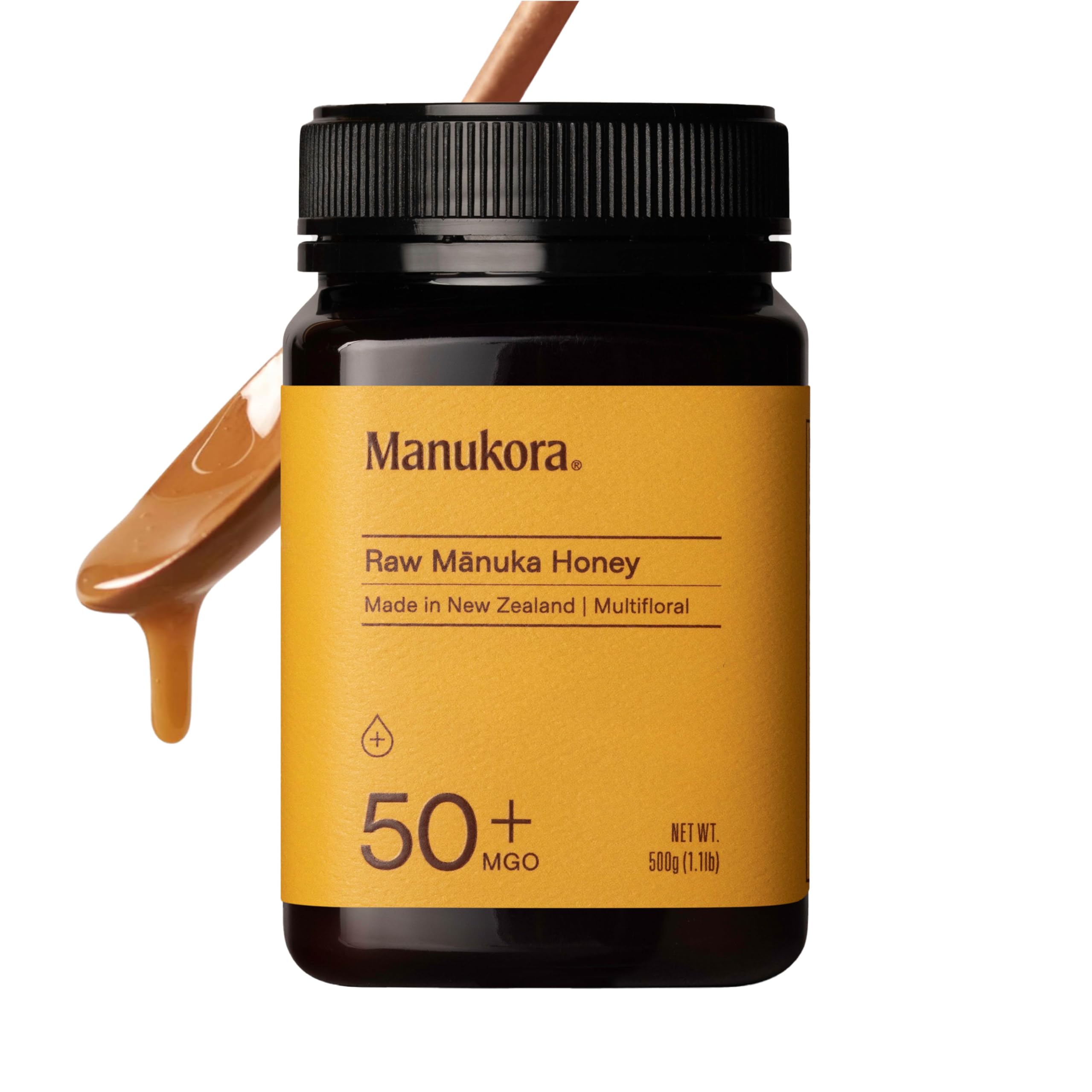 Manukora Raw Manuka Honey MGO 50+ jar with rich amber color for daily use.