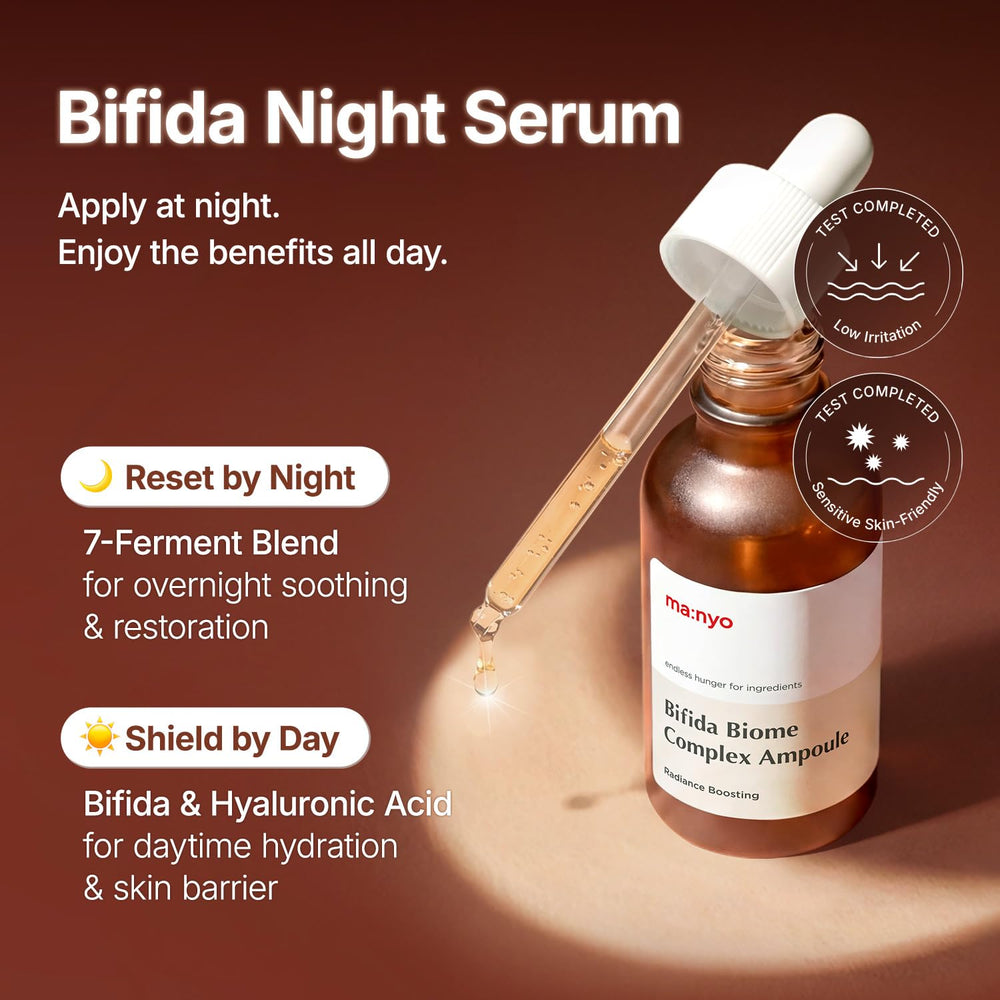 Manyo Bifida Biome Complex night routine application highlights easy evening skincare steps.