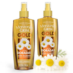 Grisi Manzanilla Hair Lotion Gold bottle shows subtle lightening and glow