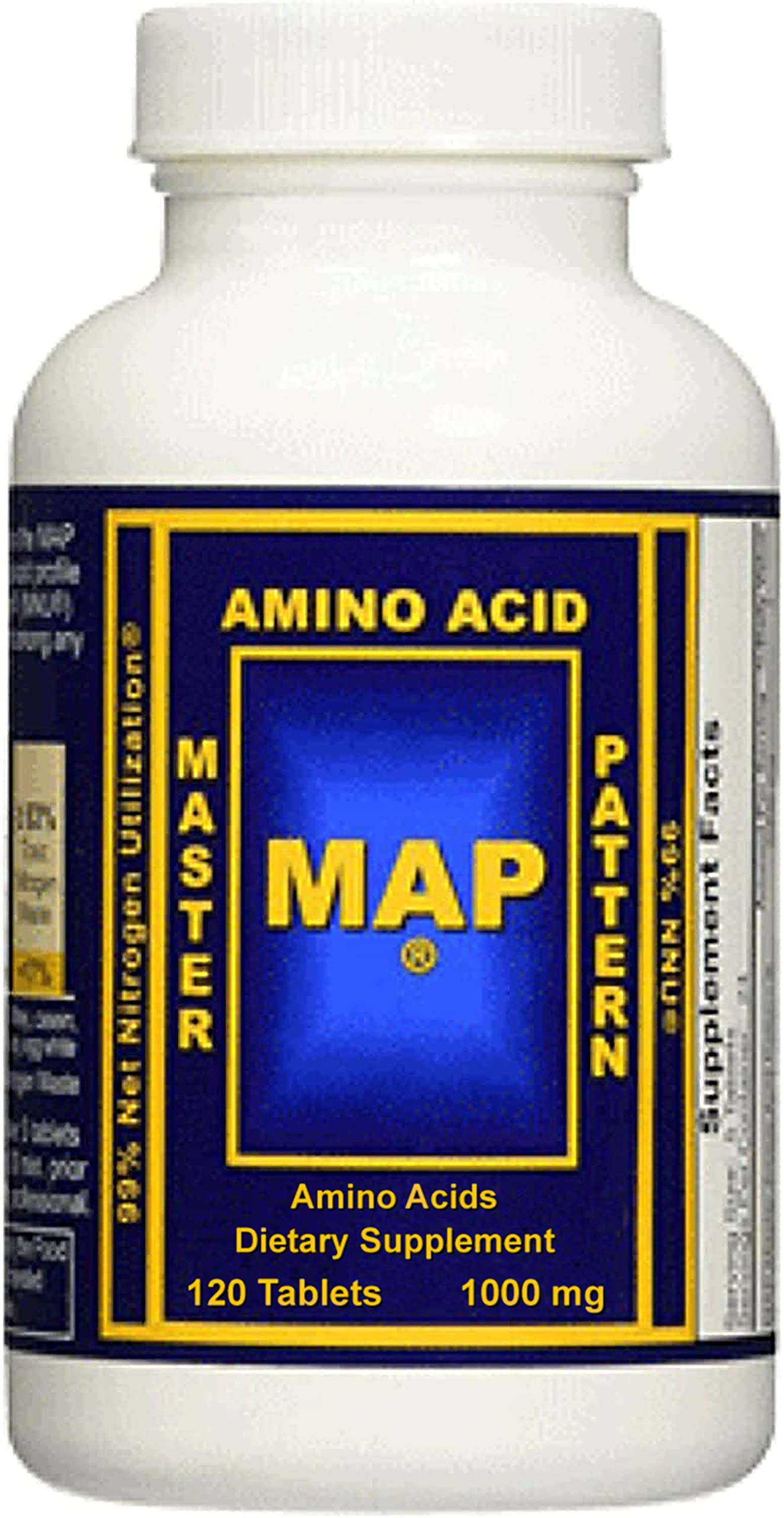 MAP Master Amino Acid Pattern bottle with unflavored tablets for protein support.