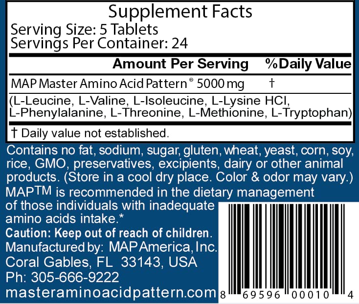 MAP Master Amino Acid Pattern packaging shows convenient, low-calorie protein supplementation.