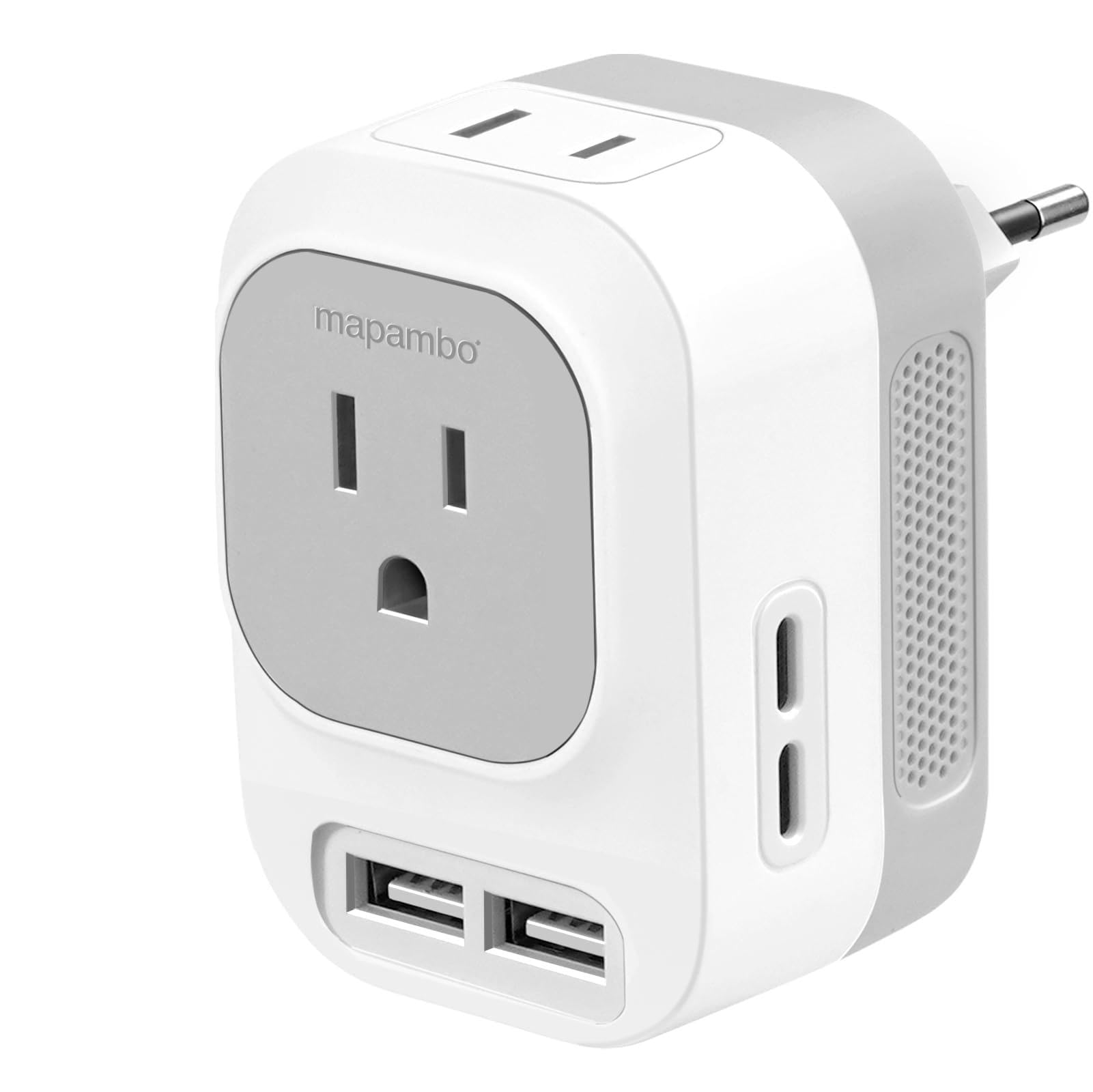 Mapambo voltage converter with USB ports for Europe travel charging safely and efficiently.