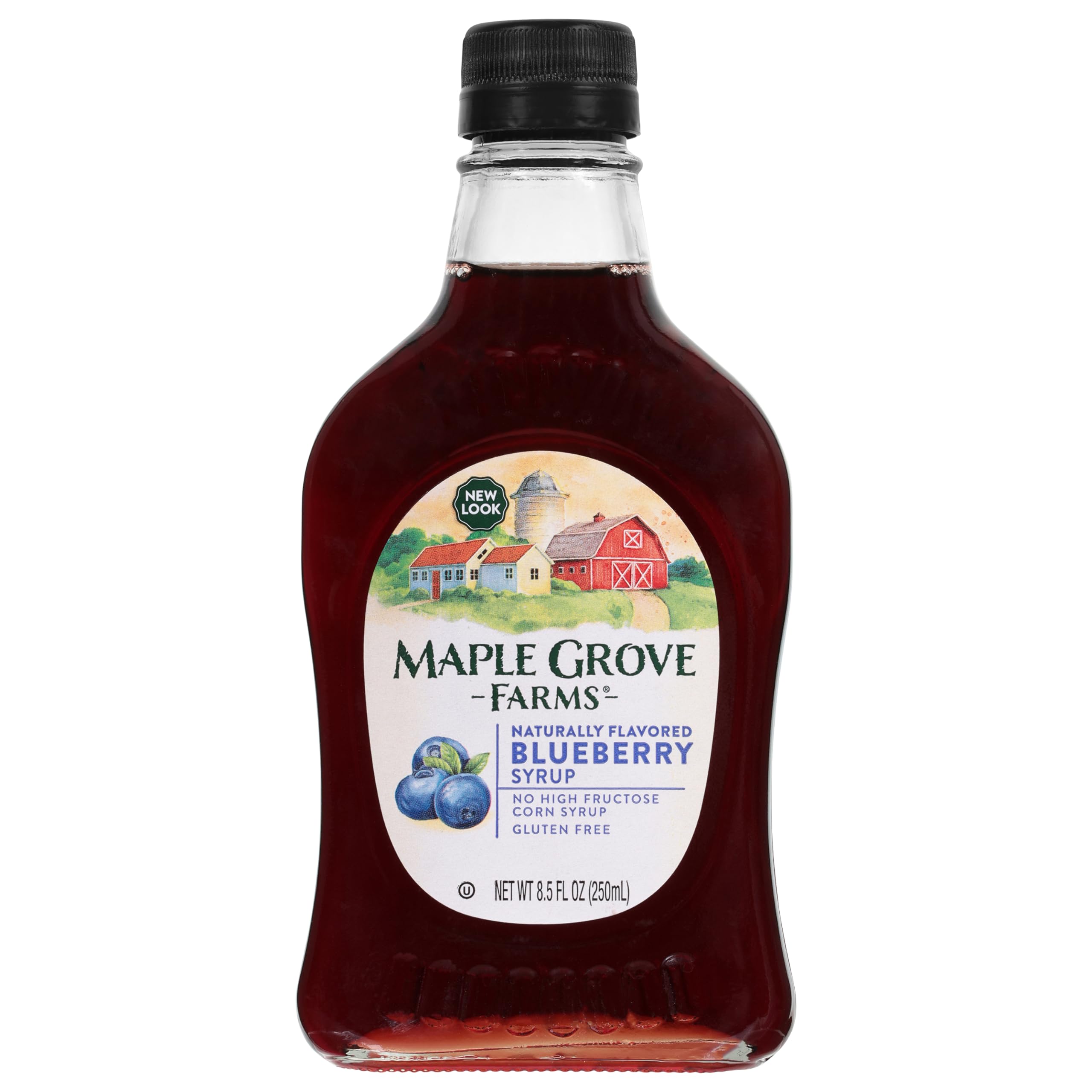 Maple Grove Farms Blueberry Syrup bottle on a breakfast table, perfect topping for pancakes