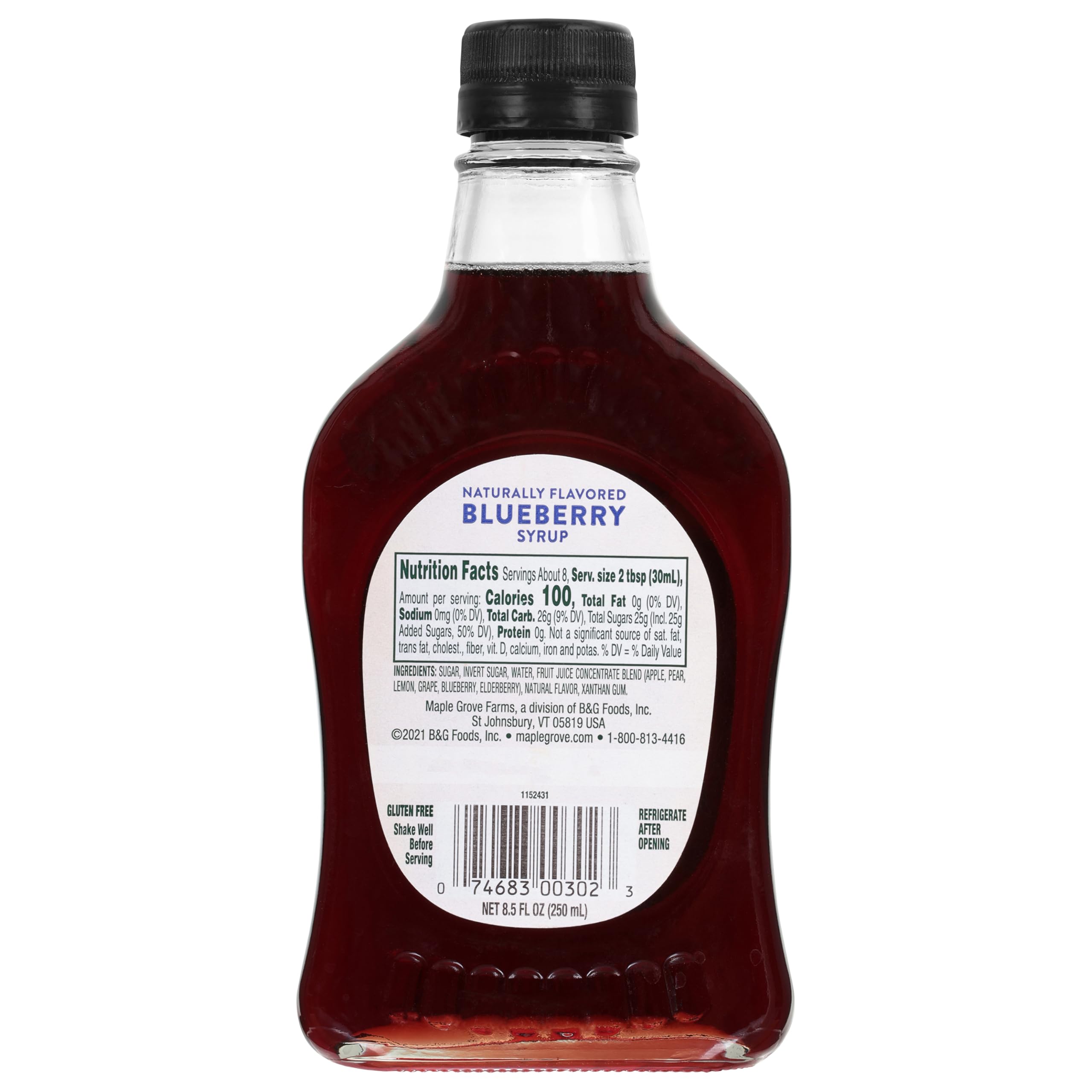 Maple Grove Farms Blueberry Syrup being poured over waffles for a fruity breakfast