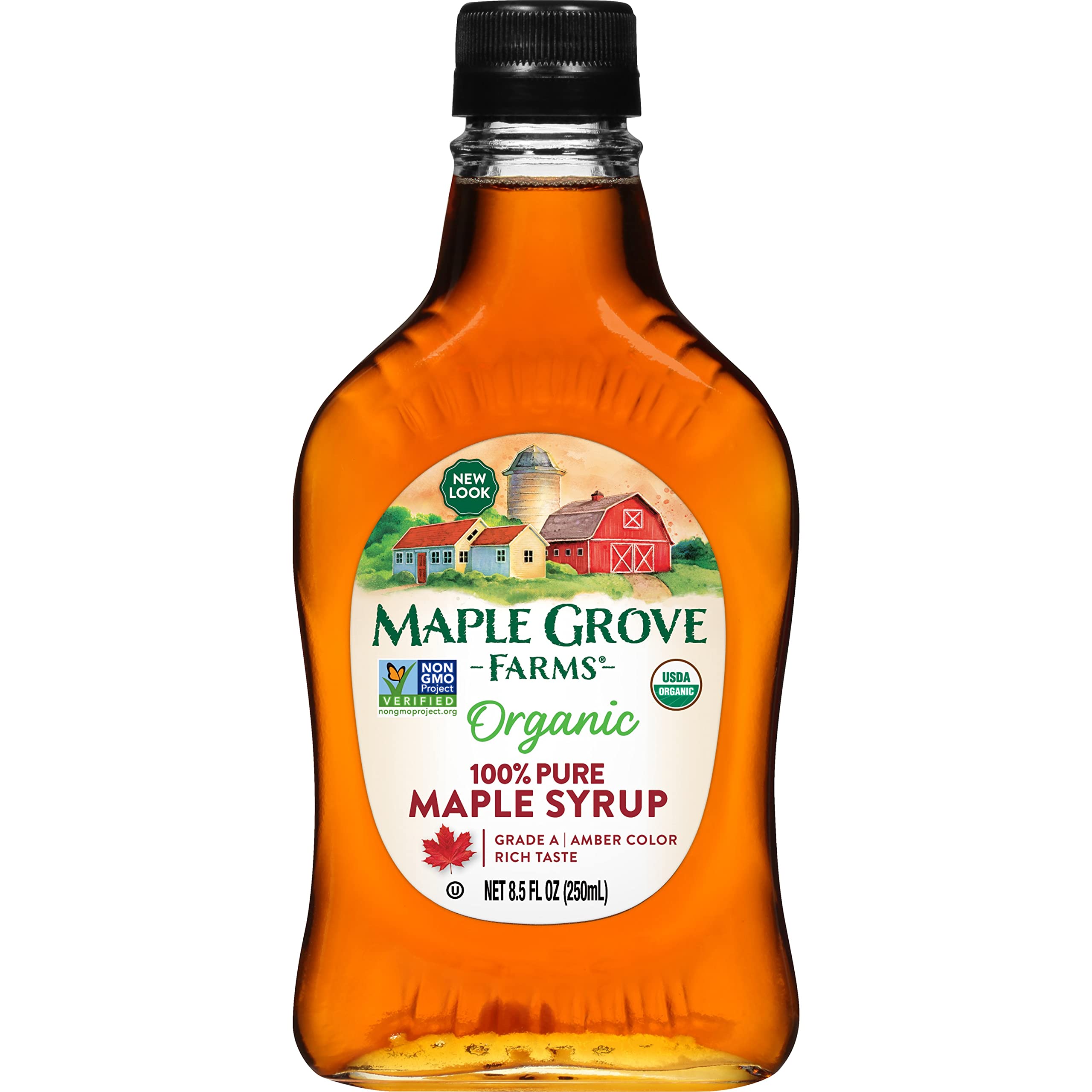 Maple Grove Farms pure maple syrup bottle ready to drizzle on pancakes