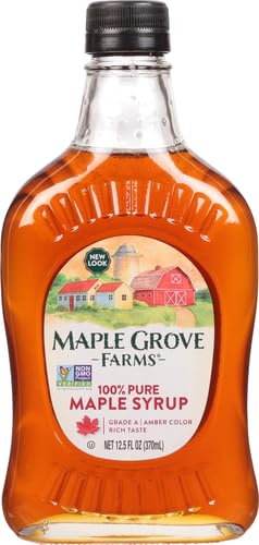 Maple Grove Farms Pure Maple Syrup drizzle over warm pancakes