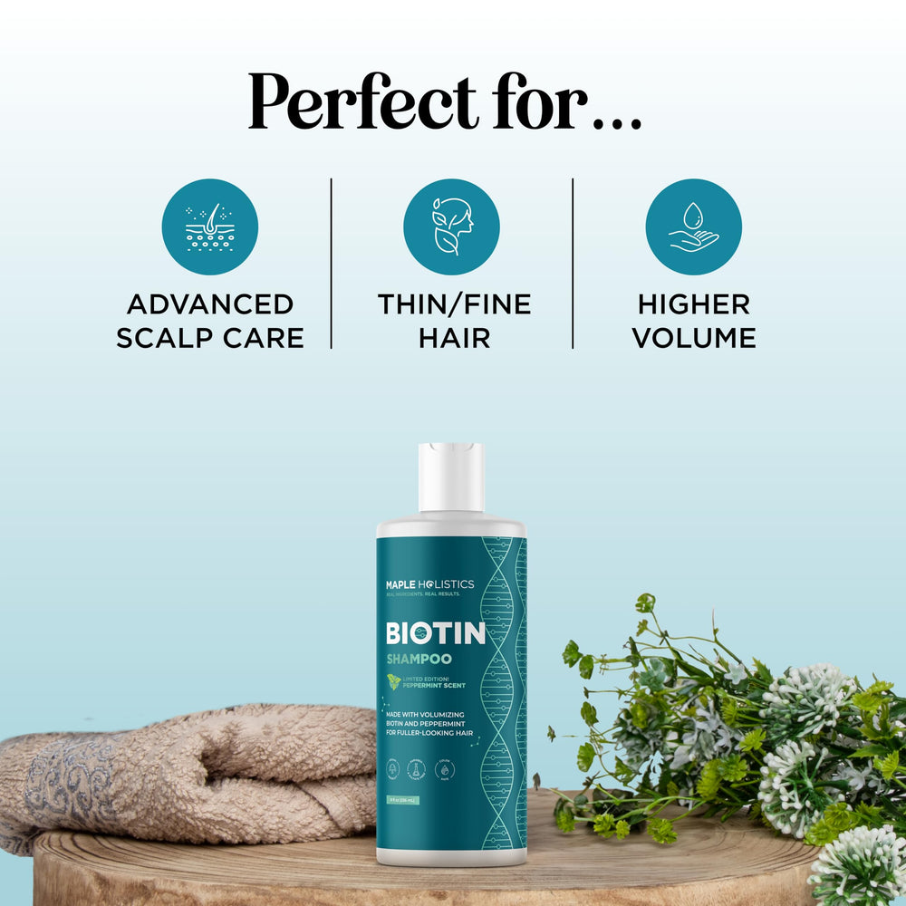 Natural oils blend on Maple Holistics bottle emphasizing vegan, sulfate-free formula.