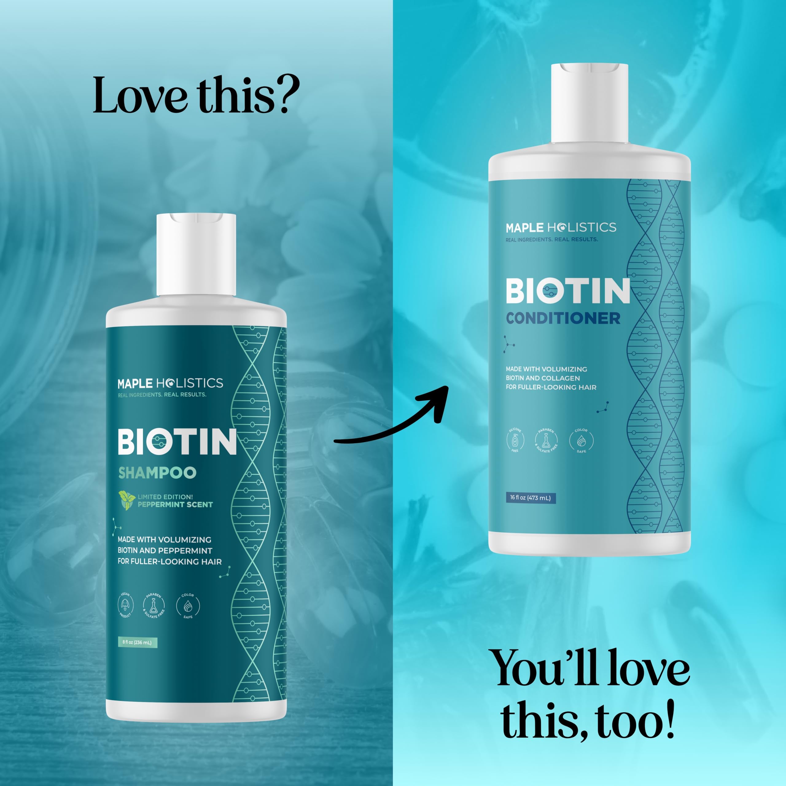 Vegan sulfate-free Maple Holistics shampoo displayed in shower scene.