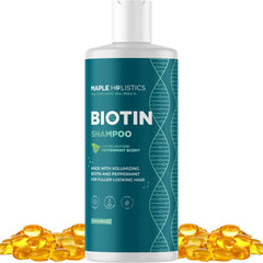 Maple Holistics volumizing biotin shampoo bottle boosts hair fullness.