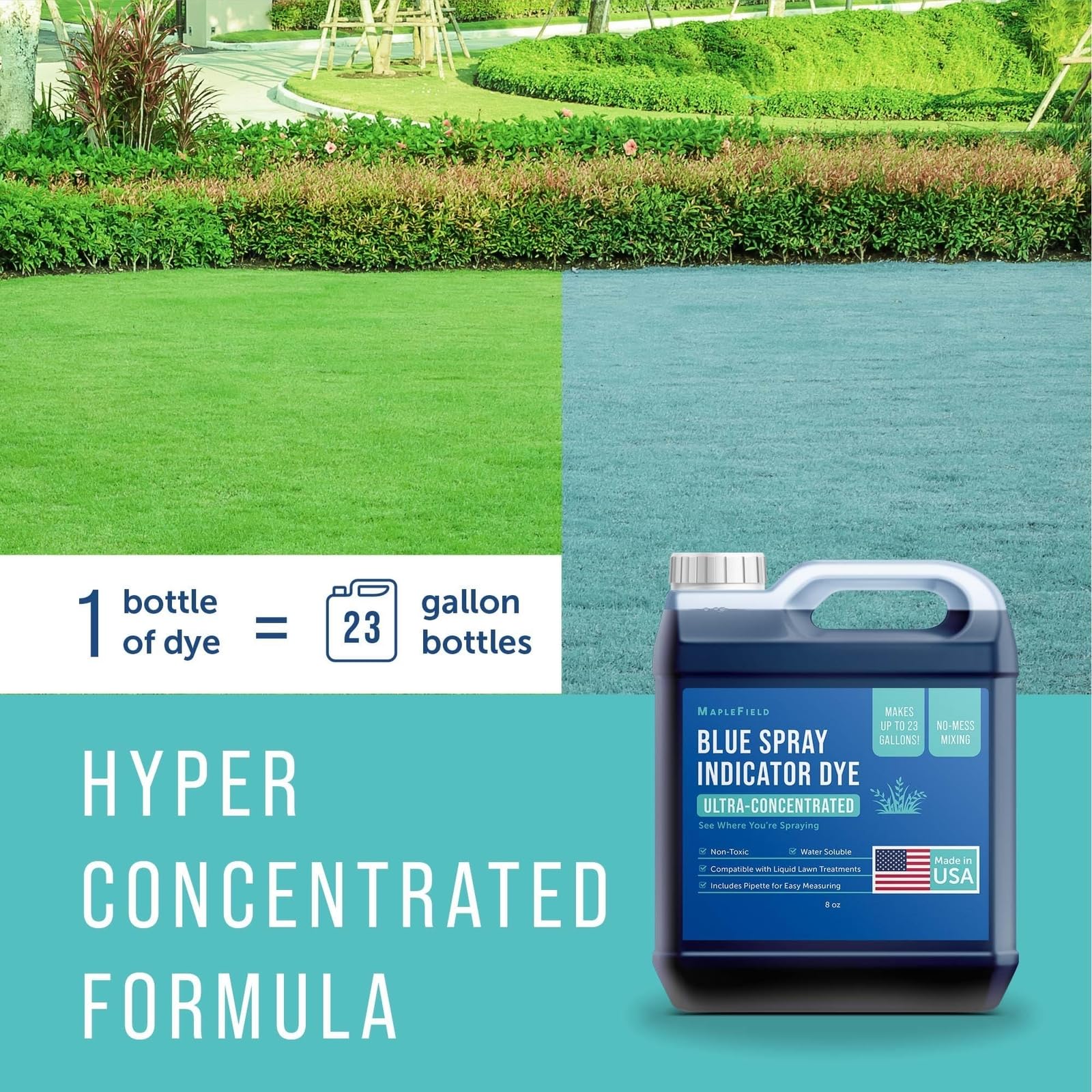 Maplefield Blue Dye demonstrates mixing ratio for spray solutions.