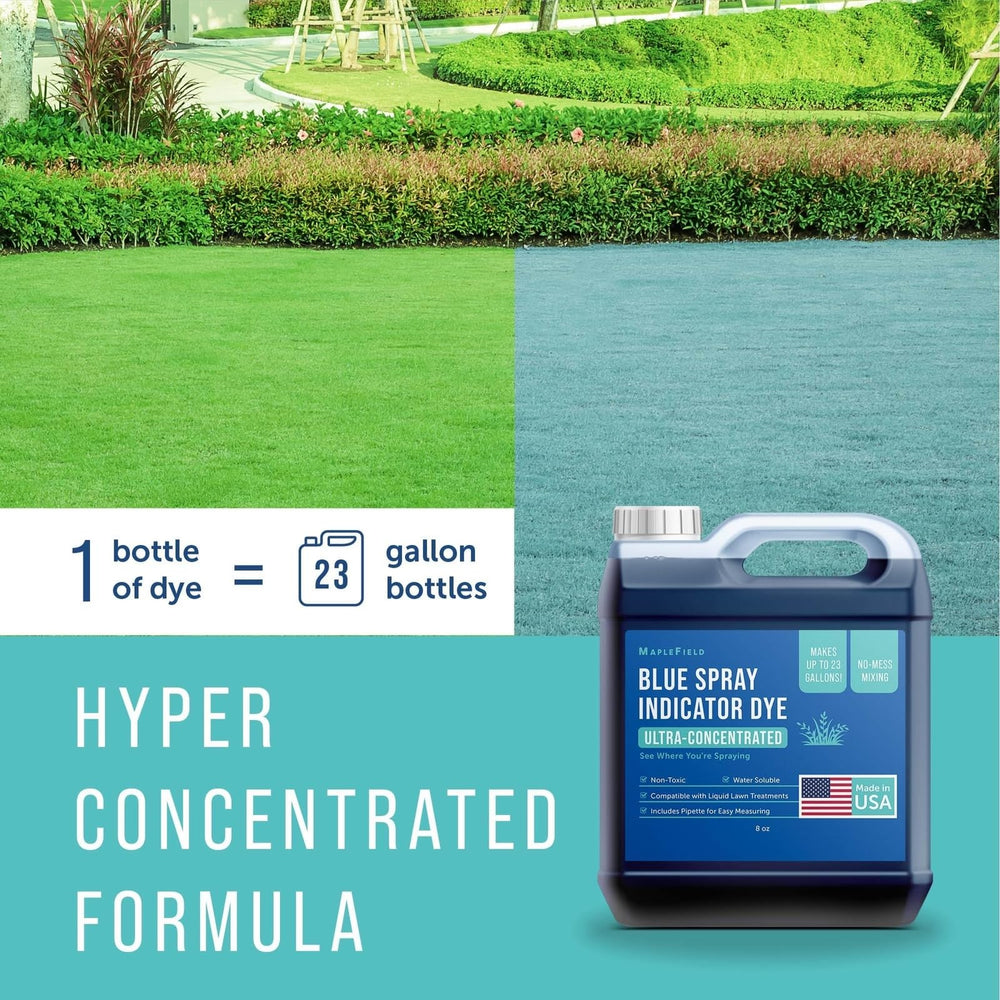 Maplefield Blue Dye demonstrates mixing ratio for spray solutions.