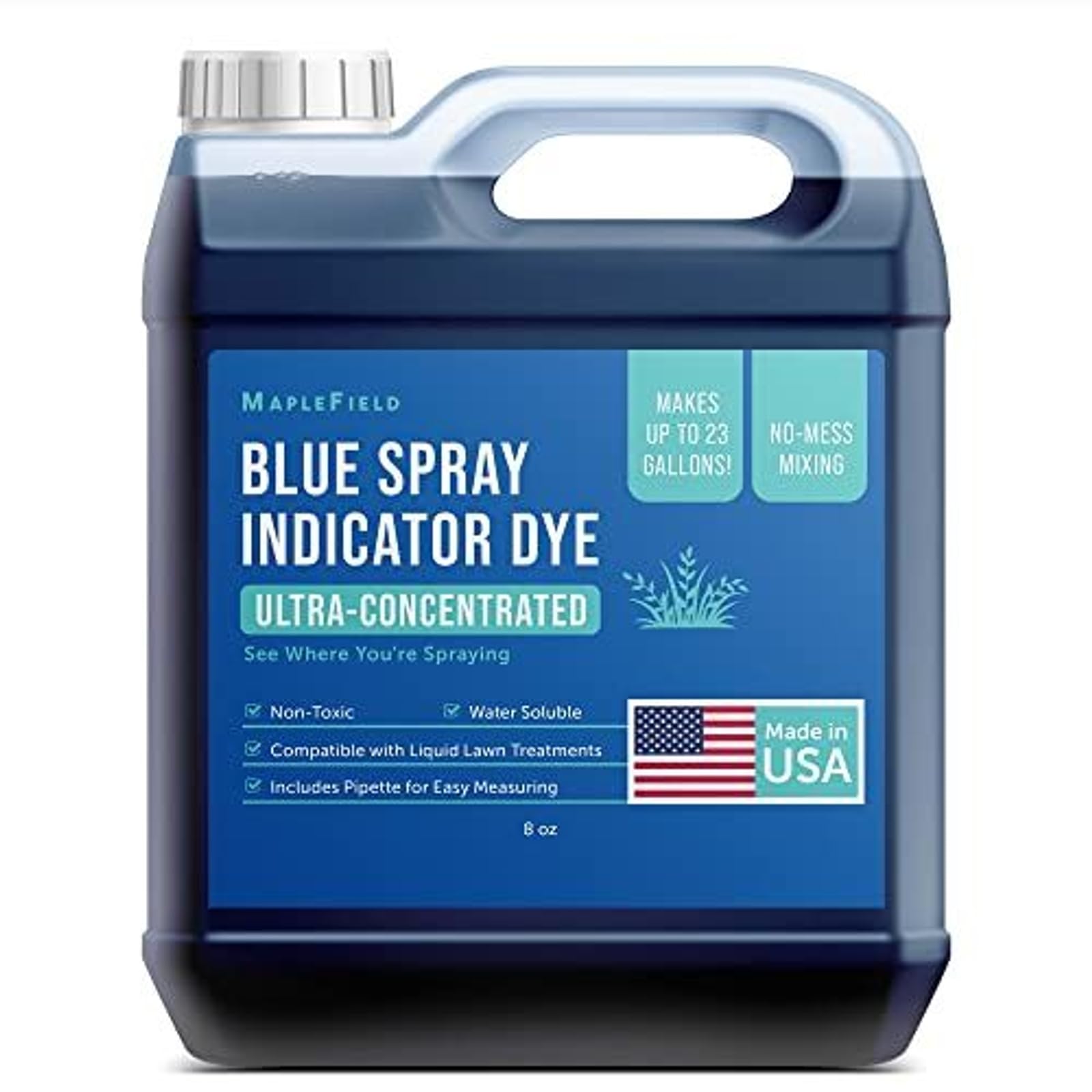 Maplefield Blue Dye bottle marks treated lawn areas for precise application.