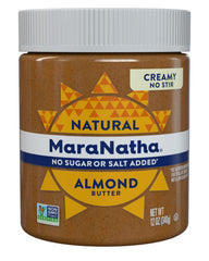 MaraNatha creamy almond butter jar on counter ready for easy spread
