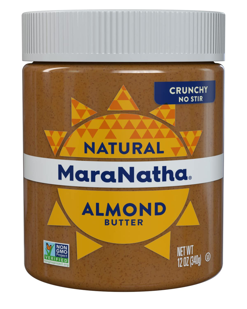 MaraNatha Crunchy Almond Butter jar front view, ready for a healthy snack.