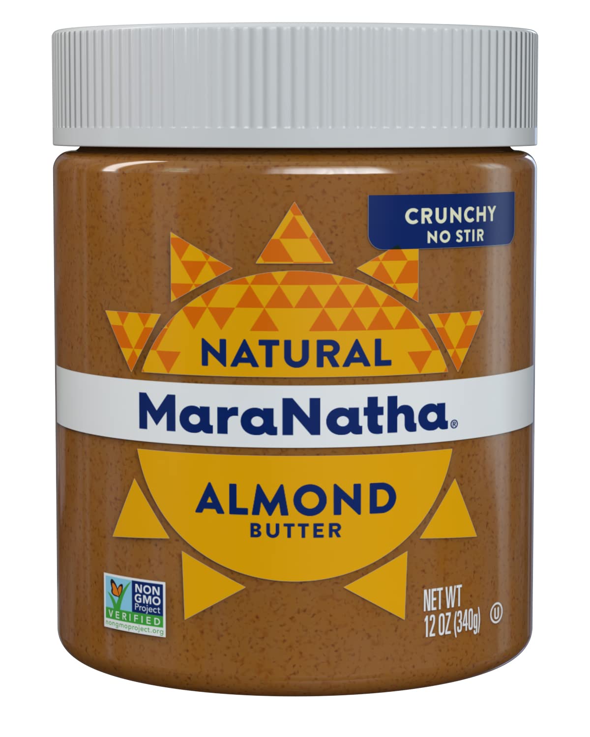 MaraNatha Crunchy Almond Butter jar front view, ready for a healthy snack.