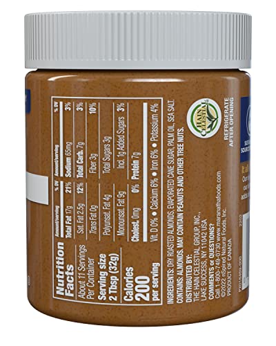 Close-up of MaraNatha Crunchy Almond Butter texture with visible almond pieces.