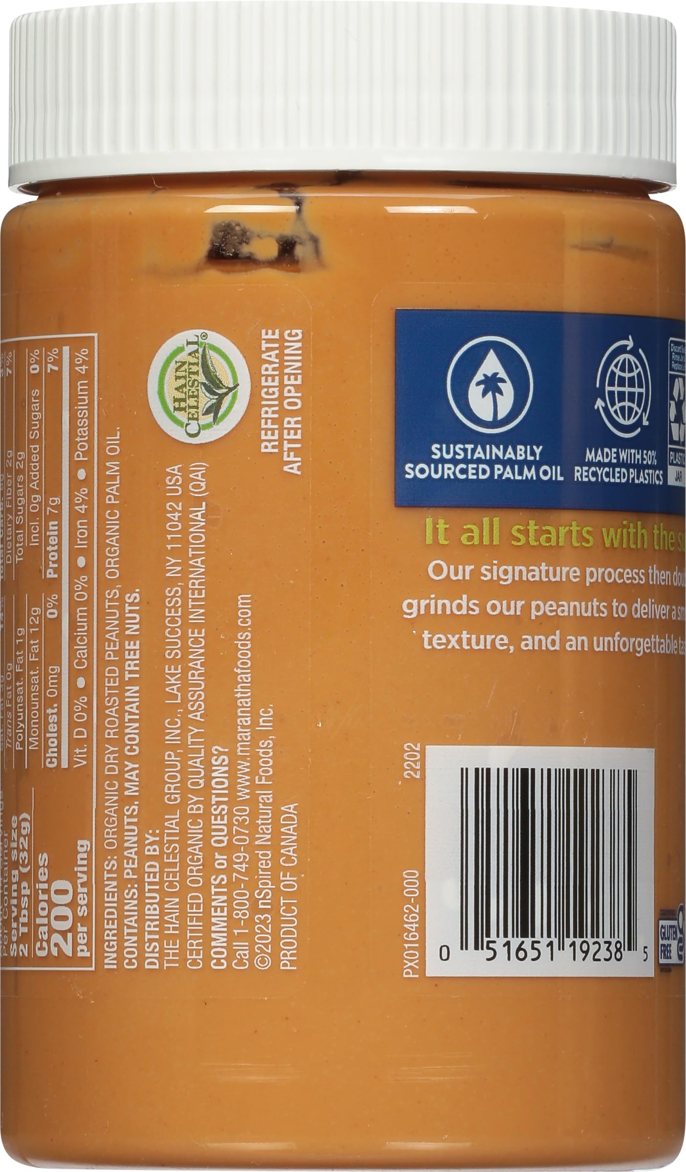 MARANATHA organic peanut butter spread ingredients label Non-GMO, no sugar added.