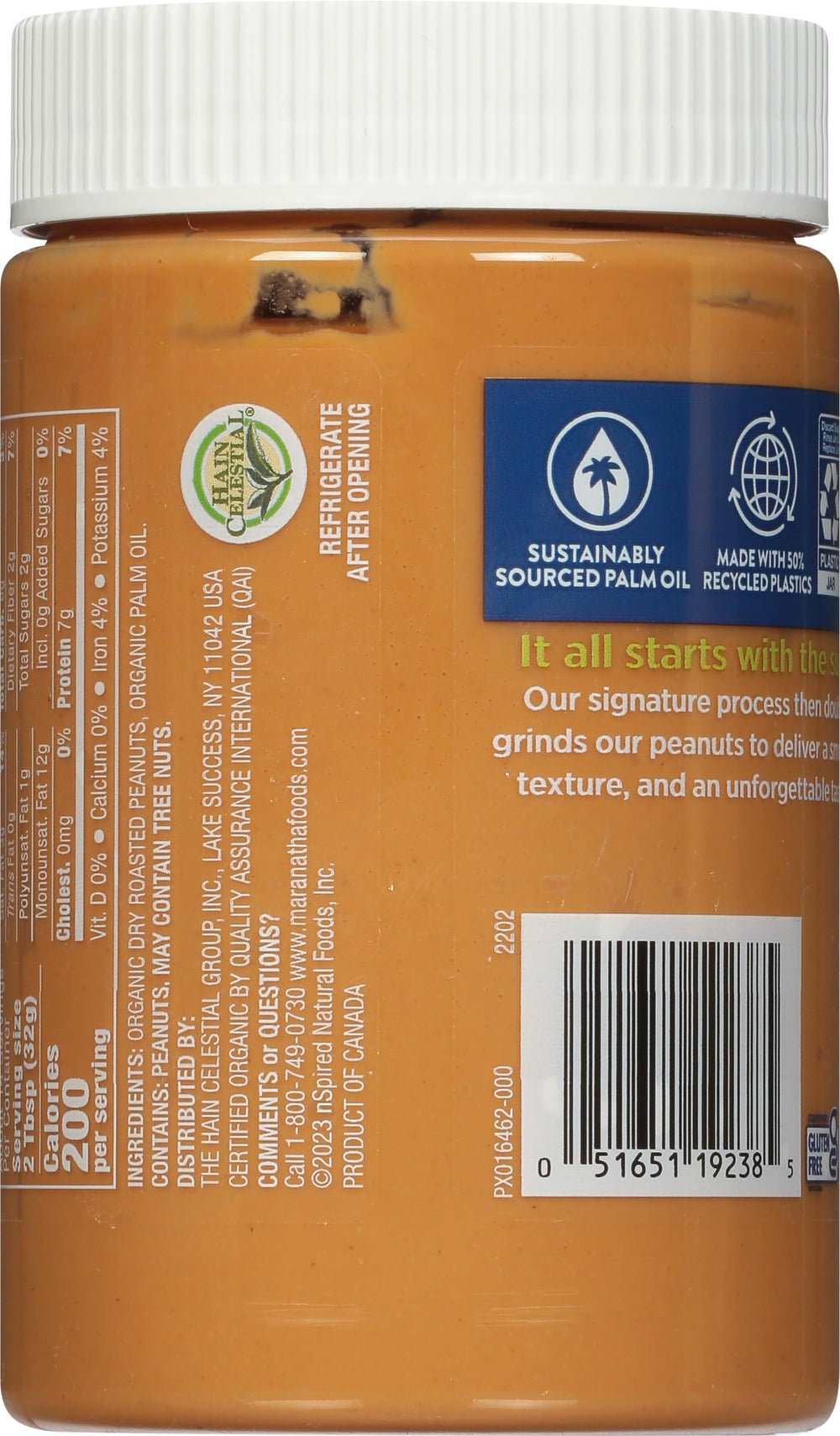 MARANATHA organic peanut butter spread ingredients label Non-GMO, no sugar added.