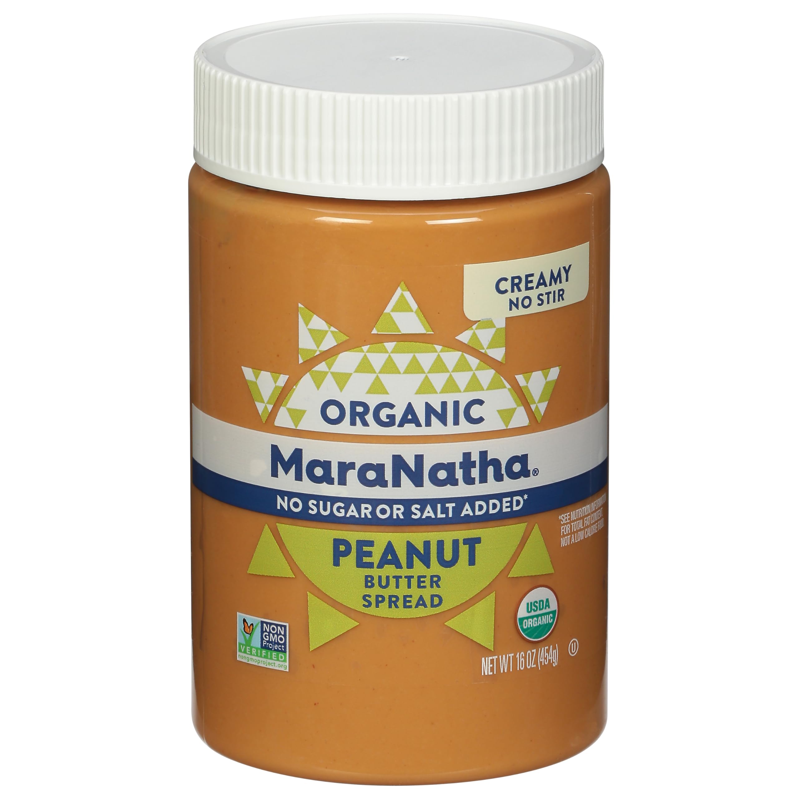 MARANATHA organic creamy peanut butter spread jar front for no-stir convenience.